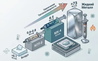 Сравнение теплопроводности термопаст: воздух, КПТ-8, Arctic MX-4, жидкий металл